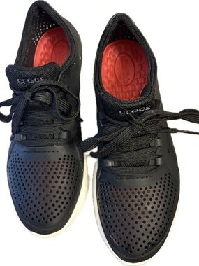 Crocs LiteRide Pacer Black Rubber Mesh Lace Up Shoes Sneakers